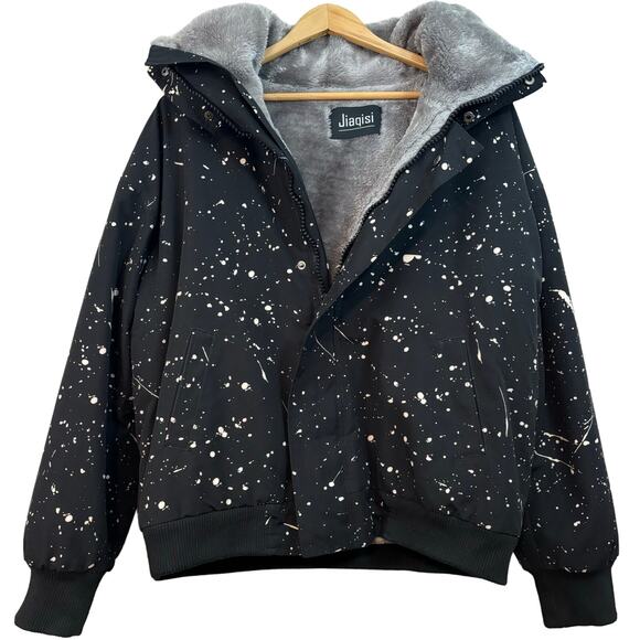 Jiaqisi Jackets & Blazers - Jiaqisi Faux Fur Black White Paint Spatter Women’s Winter Coat